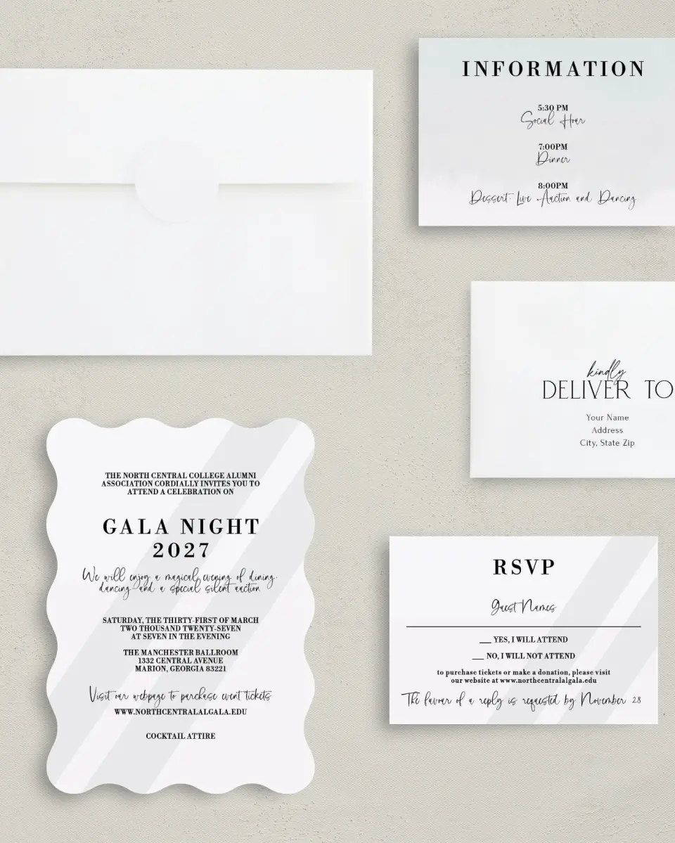 This is a 5" x 7" Wavy Gala Invitation called Glamorous Gala printed in full color with Gold foil on Luxe Satin (coated) paper