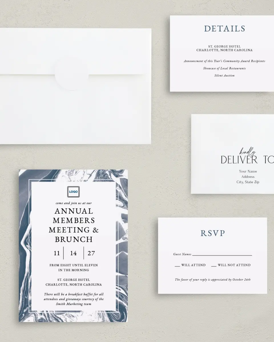 This is a 5" x 7" Rectangle Gala Invitation called Annual Celebration printed in full color with Gold foil on Luxe Satin (coated) paper