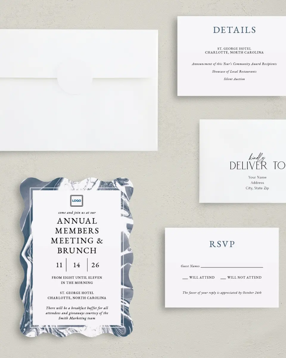 This is a 5" x 7" Wavy Gala Invitation called Annual Celebration printed in full color with Gold foil on Luxe Satin (coated) paper