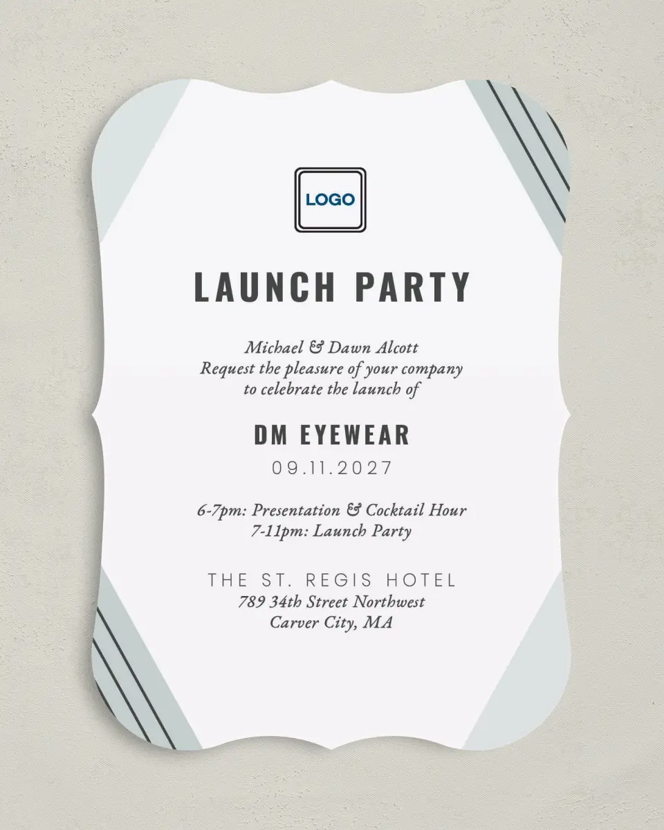 This is a 5" x 7" Bracket Gala Invitation called Grand Opening printed in full color on Premium Smooth paper