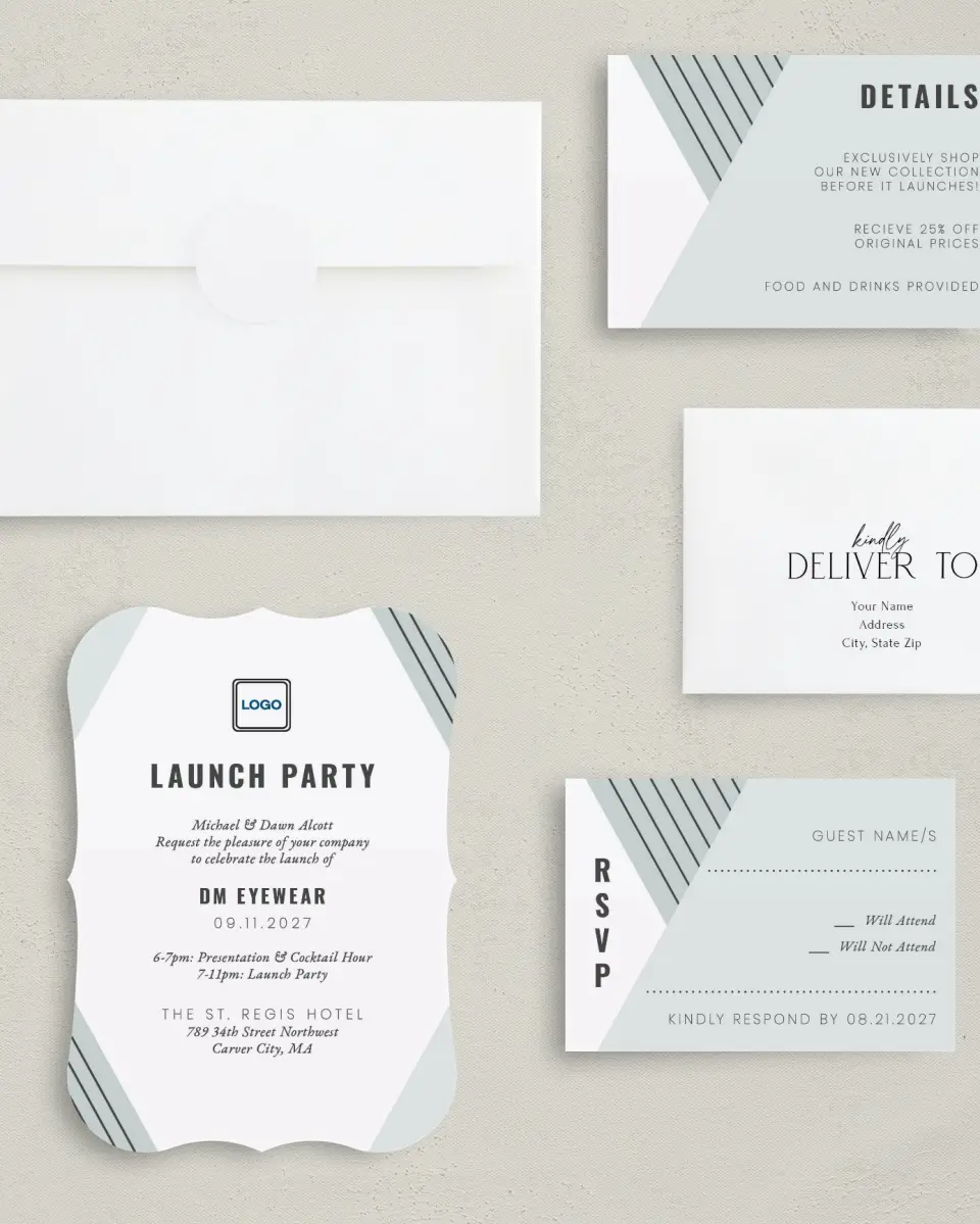 This is a 5" x 7" Bracket Gala Invitation called Grand Opening printed in full color with Silver foil on Luxe Satin (coated) paper
