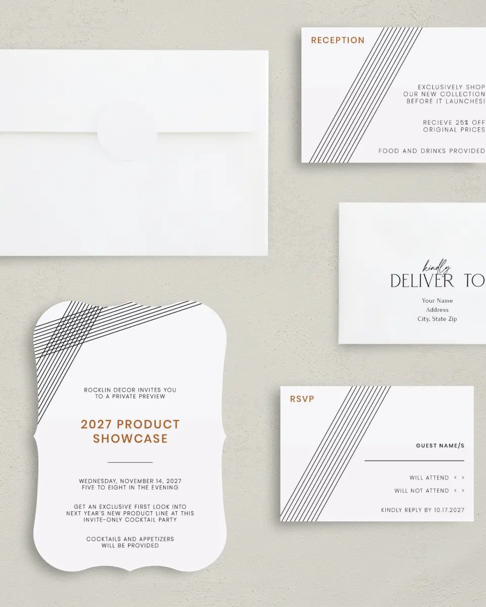 This is a 5" x 7" Bracket Gala Invitation called Debut Celebration printed in full color with Silver foil on Luxe Satin (coated) paper