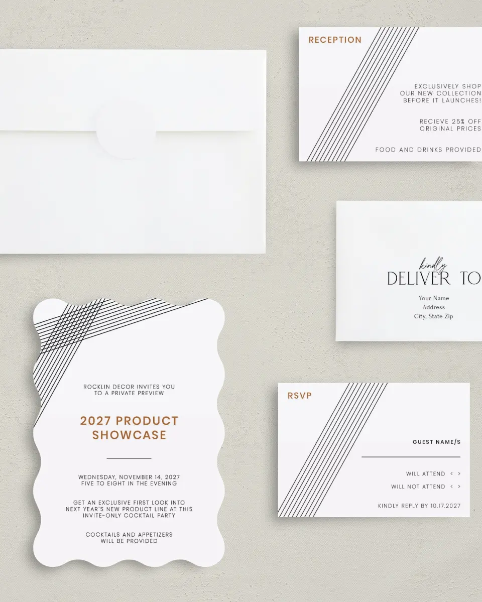 This is a 5" x 7" Wavy Gala Invitation called Debut Celebration printed in full color with Gold foil on Luxe Satin (coated) paper