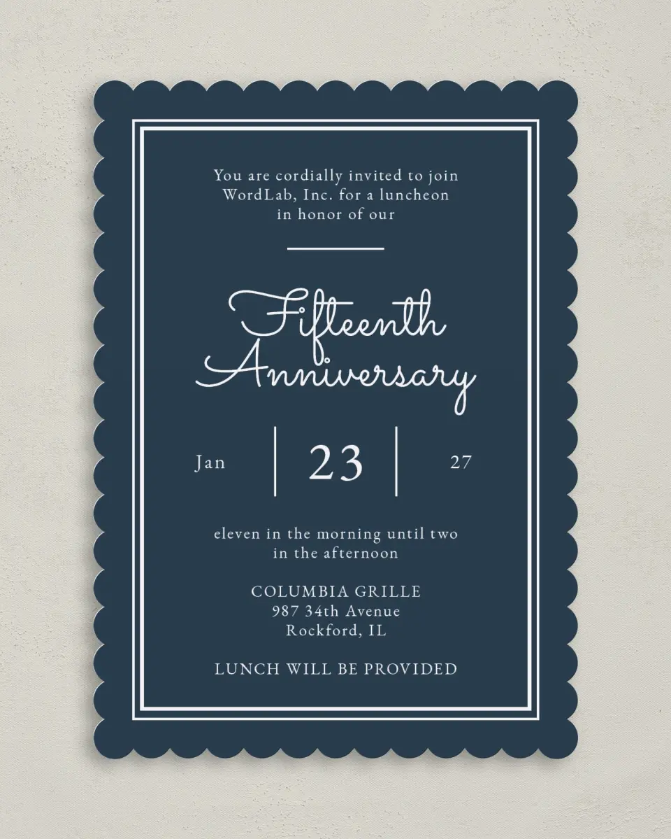 This is a 5" x 7" Rectangle Gala Invitation called Anniversary Luncheon printed in full color on Premium Smooth paper