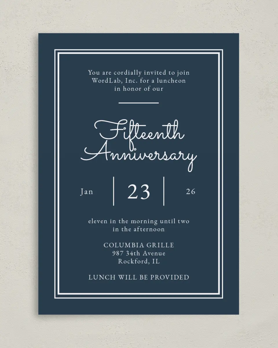 This is a 5" x 7" Rectangle Gala Invitation called Anniversary Luncheon printed in full color on Premium Smooth paper