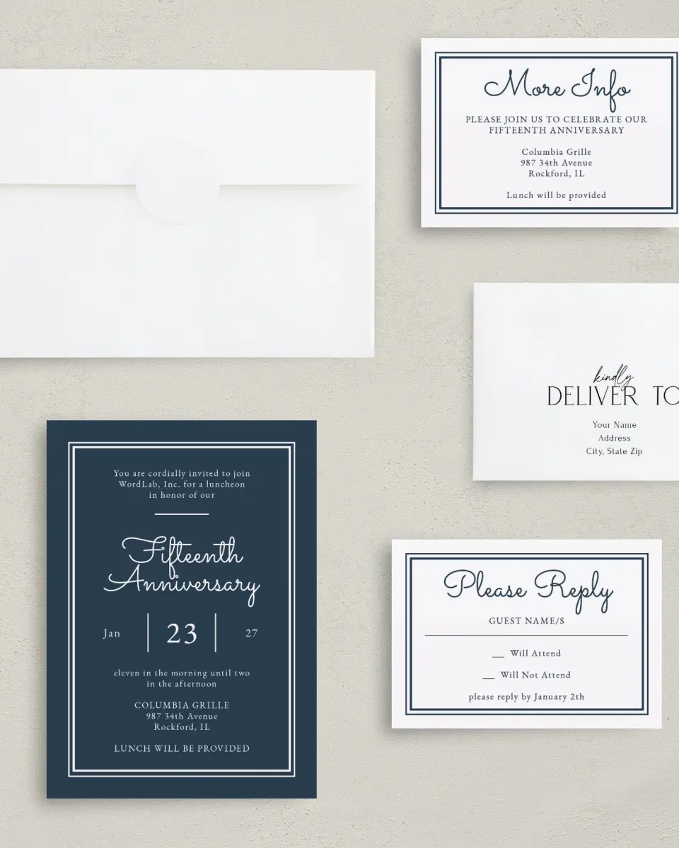 This is a 5" x 7" Rectangle Gala Invitation called Anniversary Luncheon printed in full color with Gold foil on Luxe Satin (coated) paper