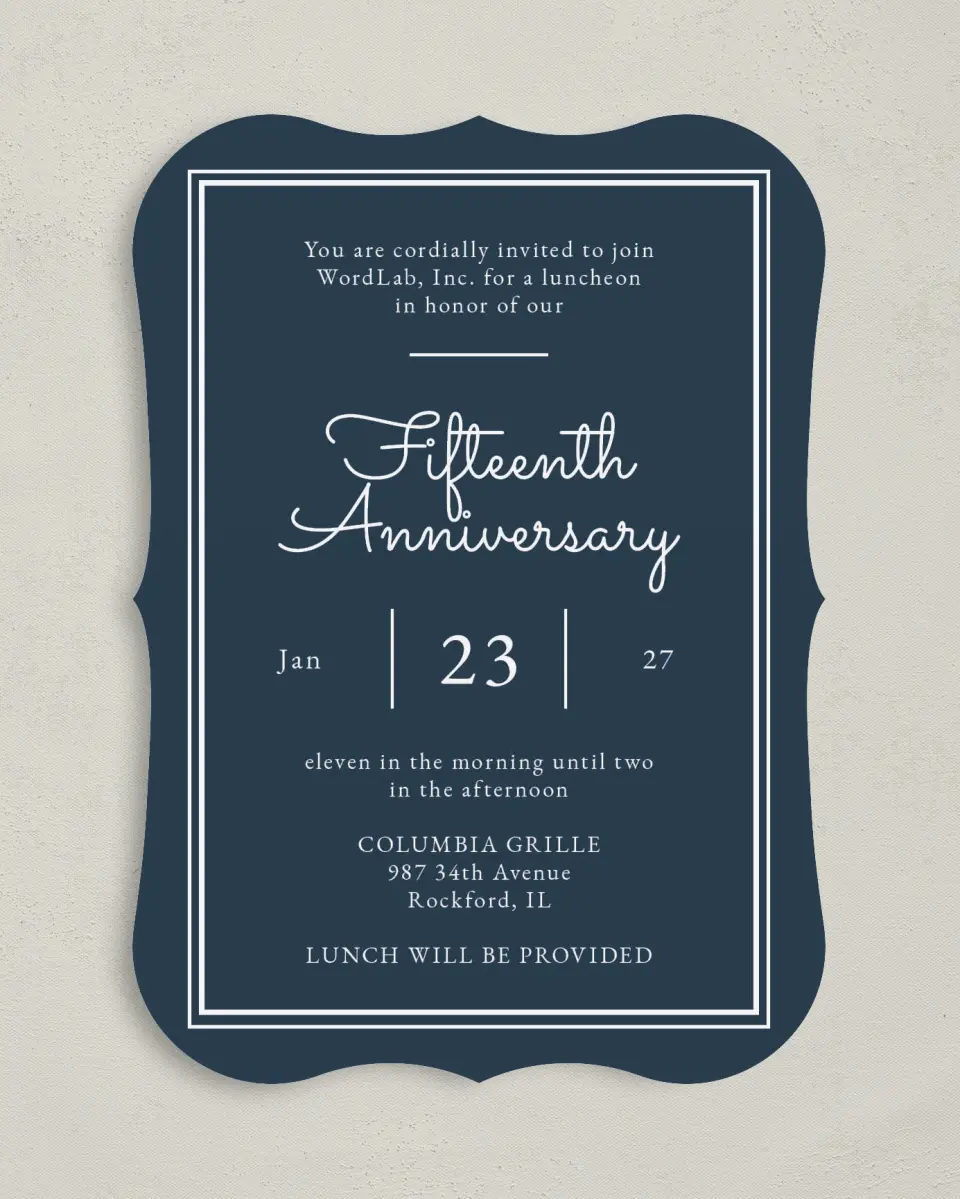 This is a 5" x 7" Bracket Gala Invitation called Anniversary Luncheon printed in full color on Premium Smooth paper