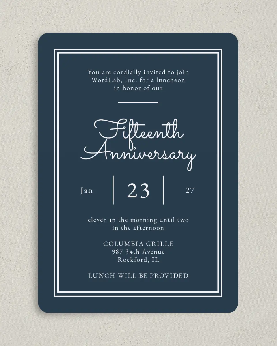 This is a 5" x 7" Rounded Gala Invitation called Anniversary Luncheon printed in full color on Premium Smooth paper