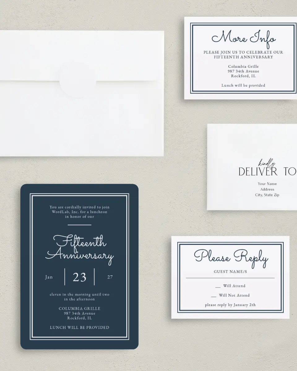 This is a 5" x 7" Rounded Gala Invitation called Anniversary Luncheon printed in full color with Gold foil on Luxe Satin (coated) paper