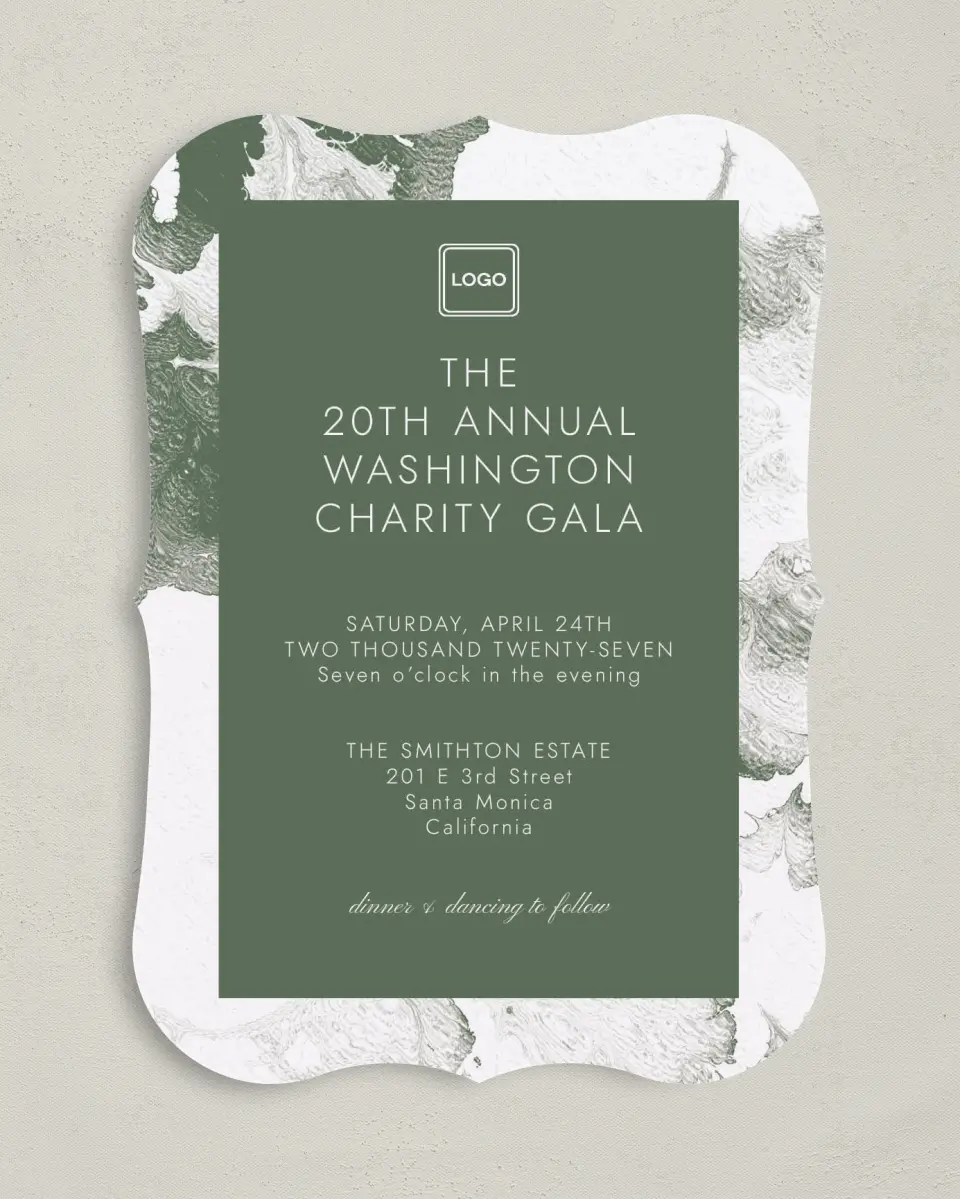 This is a 5" x 7" Bracket Gala Invitation called Grand Occasion printed in full color on Premium Smooth paper