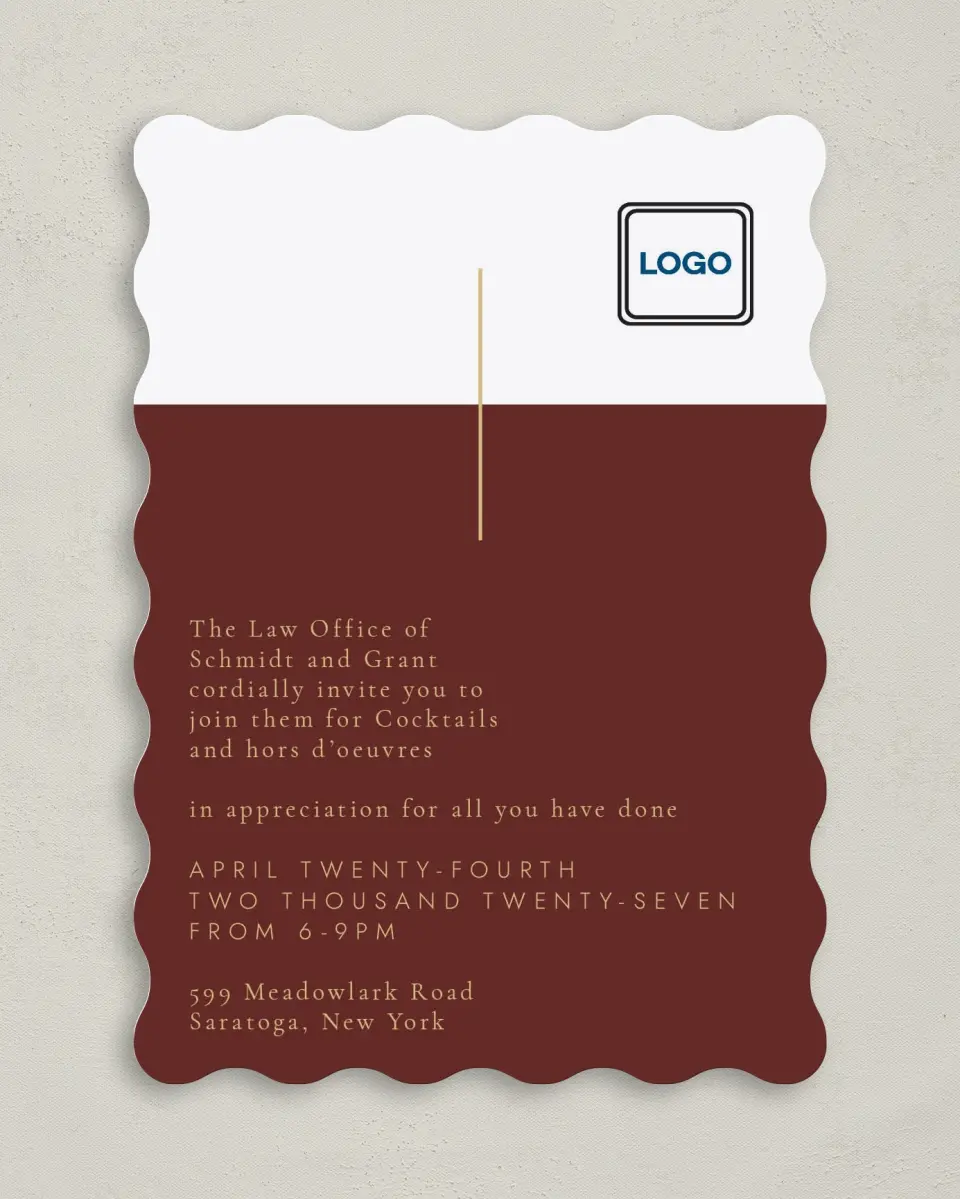 This is a 5" x 7" Wavy Gala Invitation called Appreciation Event printed in full color
