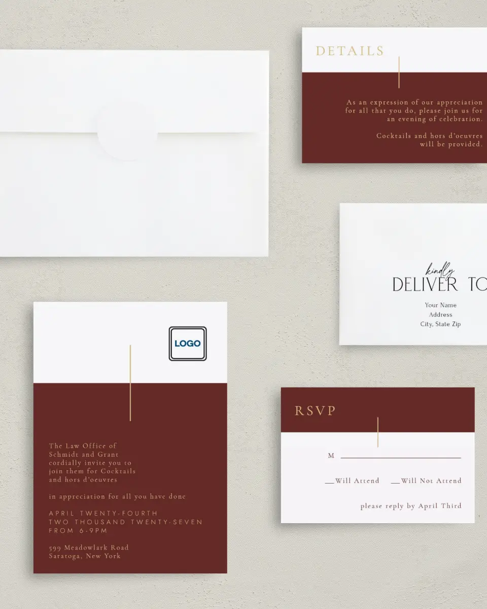 This is a 5" x 7" Rectangle Gala Invitation called Appreciation Event printed in full color with Rose Gold foil on Luxe Satin (coated) paper