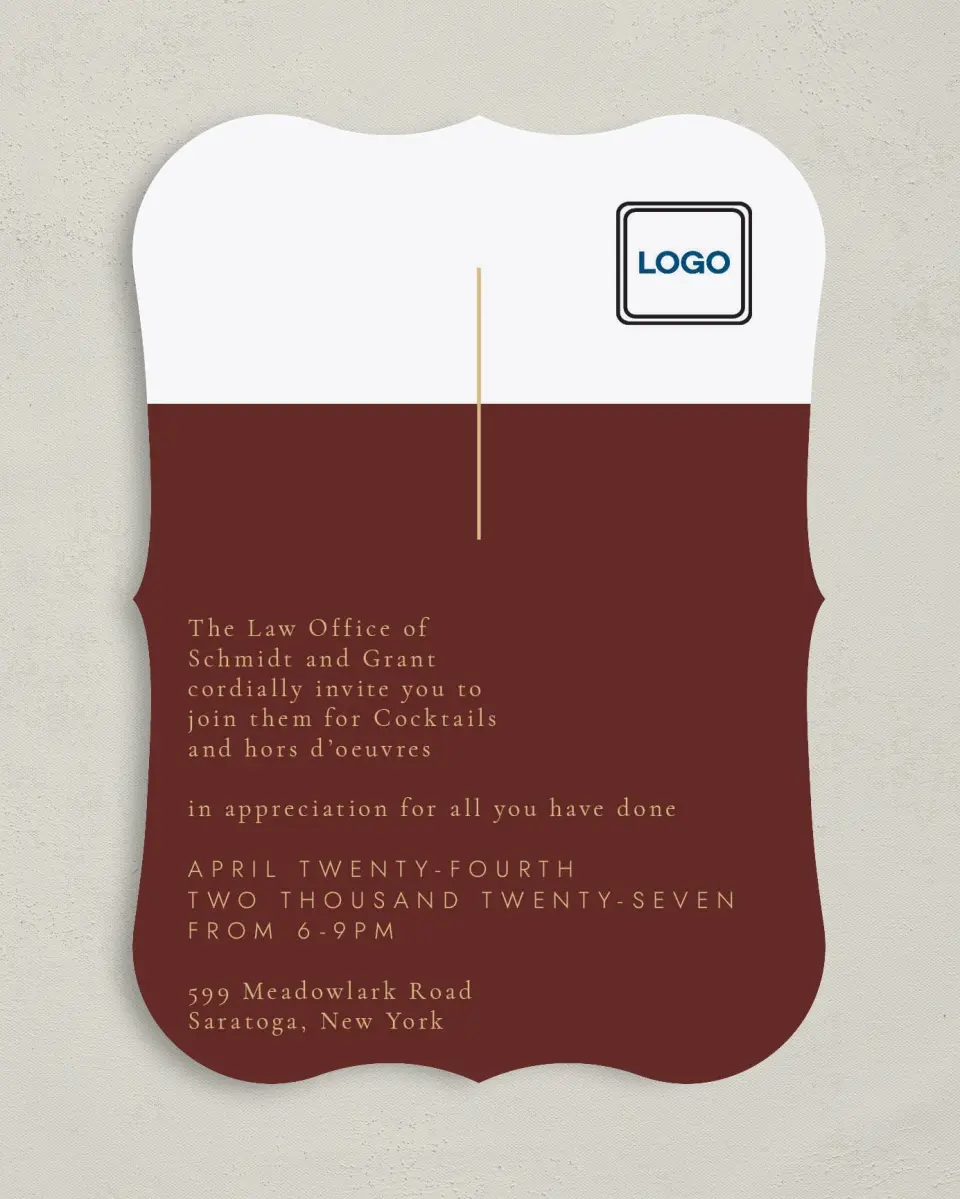 This is a 5" x 7" Bracket Gala Invitation called Appreciation Event printed in full color on Premium Smooth paper