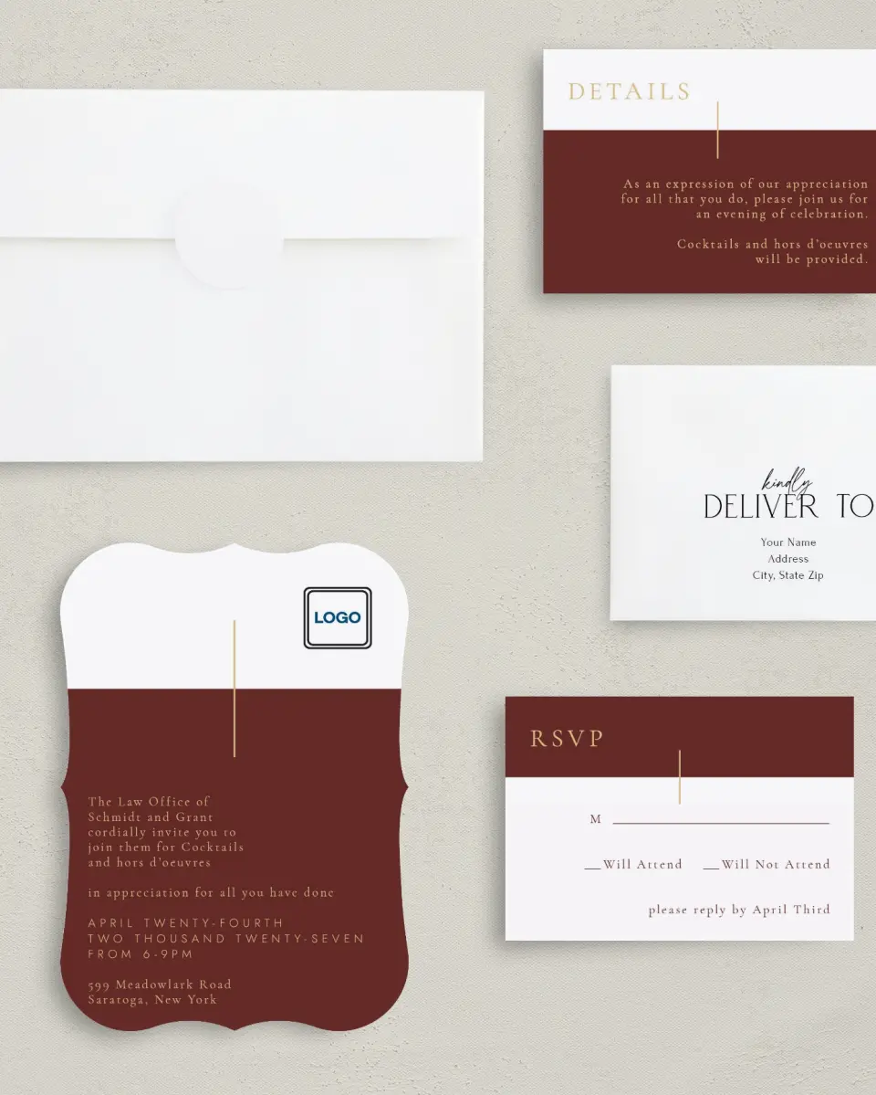 This is a 5" x 7" Bracket Gala Invitation called Appreciation Event printed in full color with Silver foil on Luxe Satin (coated) paper