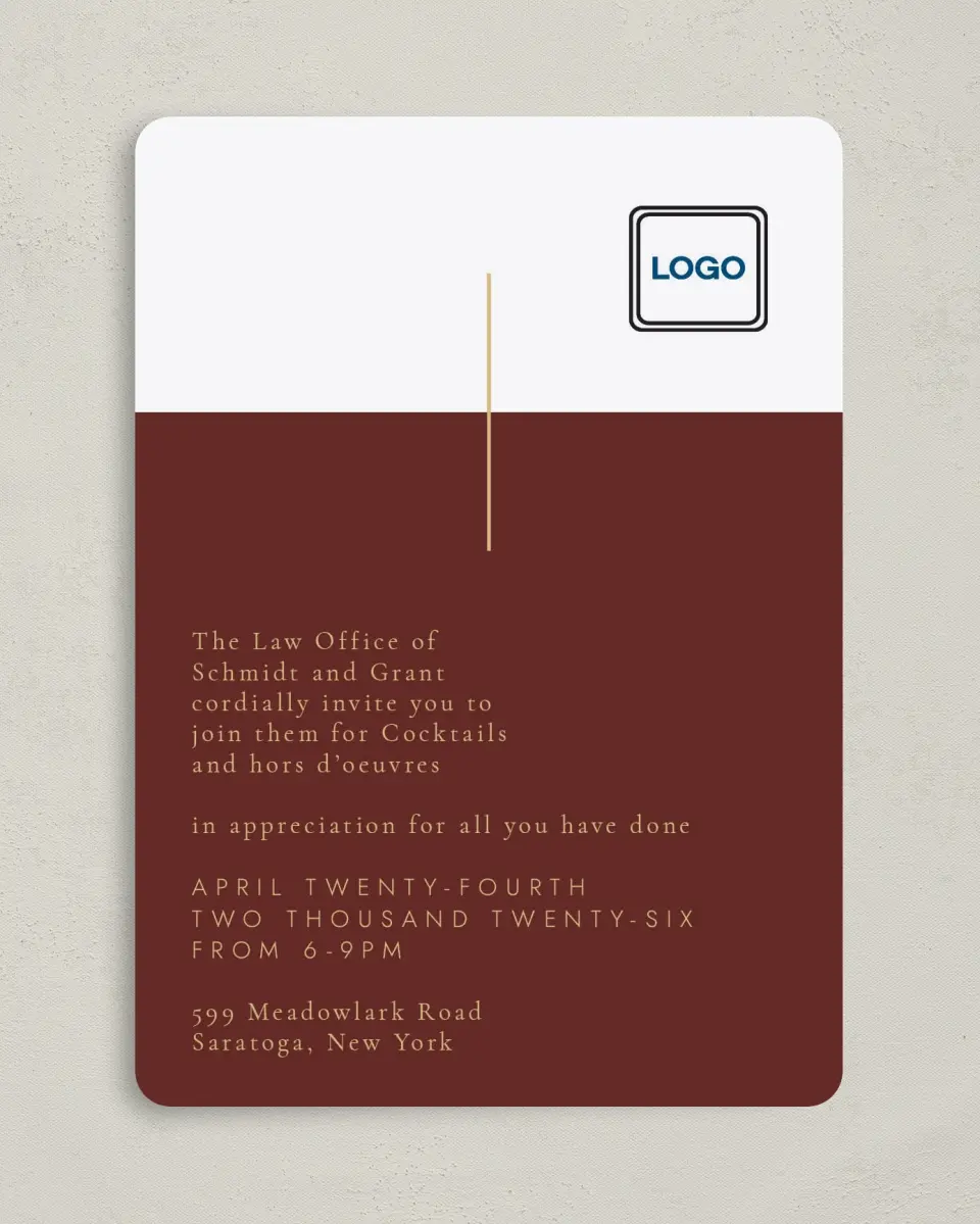 This is a 5" x 7" Rounded Gala Invitation called Appreciation Event printed in full color on Premium Smooth paper