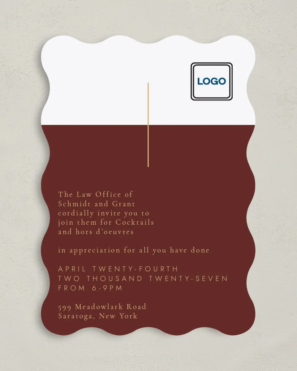 This is a 5" x 7" Wavy Gala Invitation called Appreciation Event printed in full color