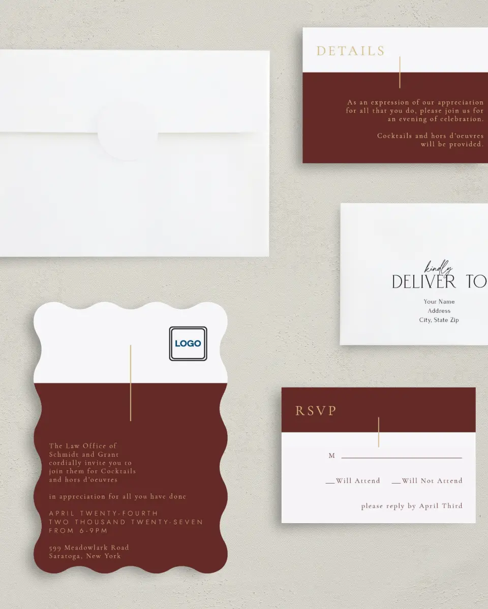 This is a 5" x 7" Wavy Gala Invitation called Appreciation Event printed in full color with Gold foil on Luxe Satin (coated) paper