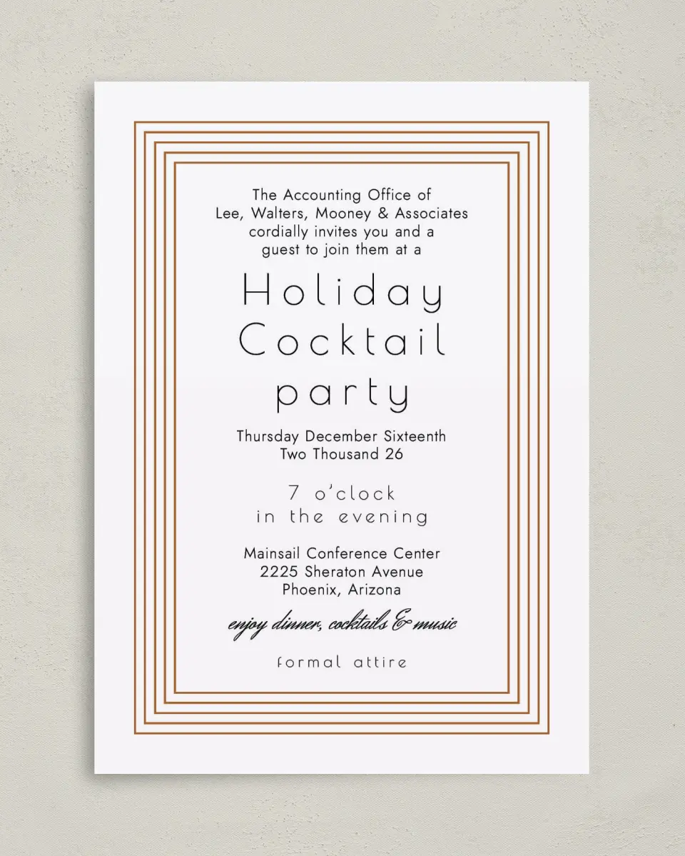 This is a 5" x 7" Rectangle Gala Invitation called Elegant Banquet printed in full color on Premium Smooth paper
