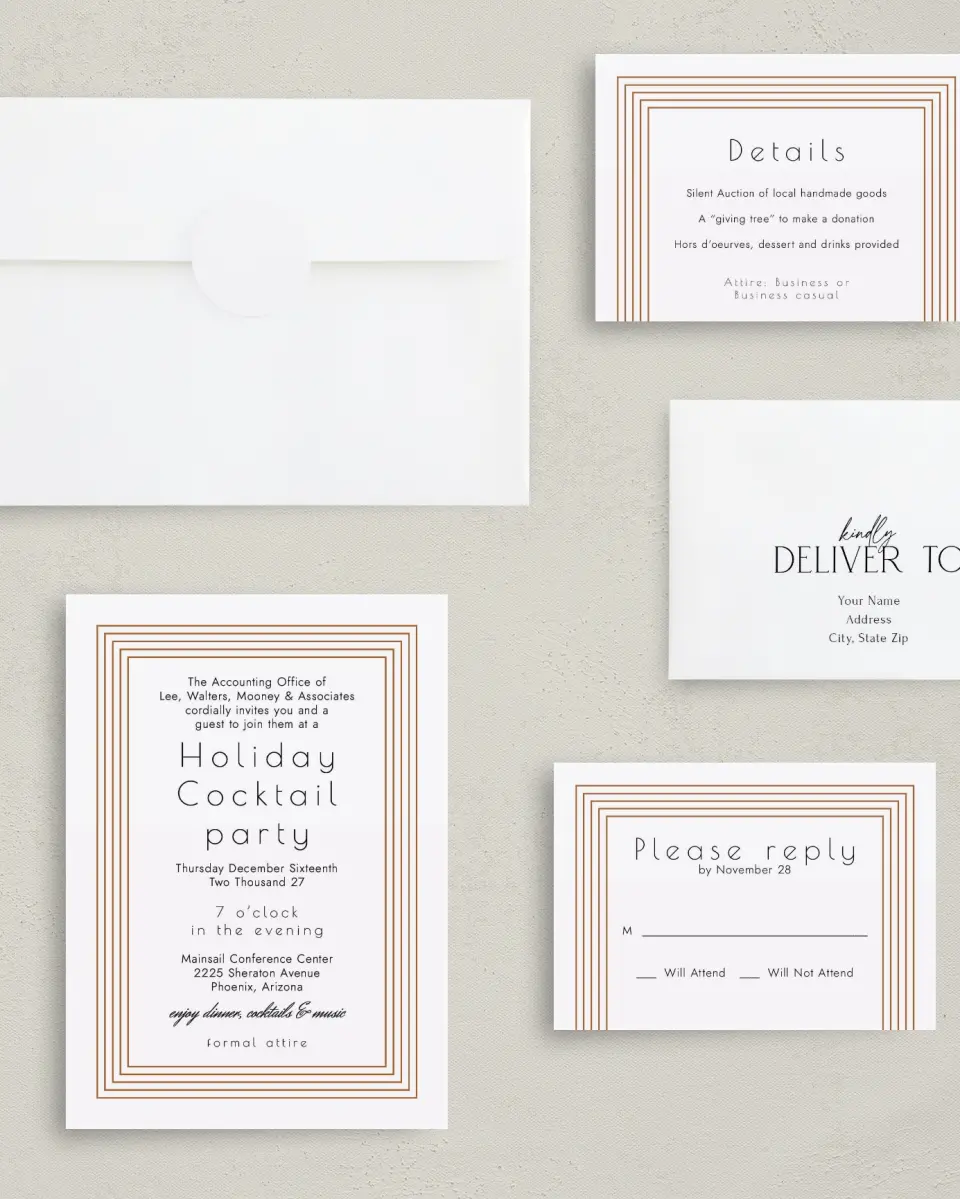 This is a 5" x 7" Rectangle Gala Invitation called Elegant Banquet printed in full color with Rose Gold foil on Luxe Satin (coated) paper