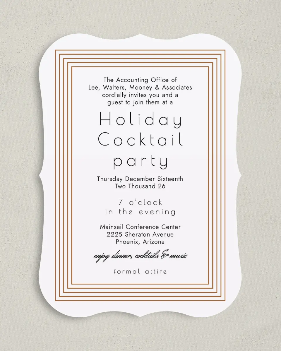 This is a 5" x 7" Bracket Gala Invitation called Elegant Banquet printed in full color on Premium Smooth paper