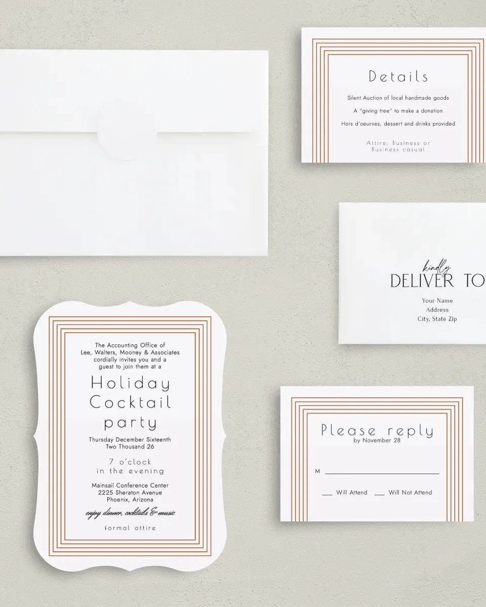 This is a 5" x 7" Bracket Gala Invitation called Elegant Banquet printed in full color with Silver foil on Luxe Satin (coated) paper
