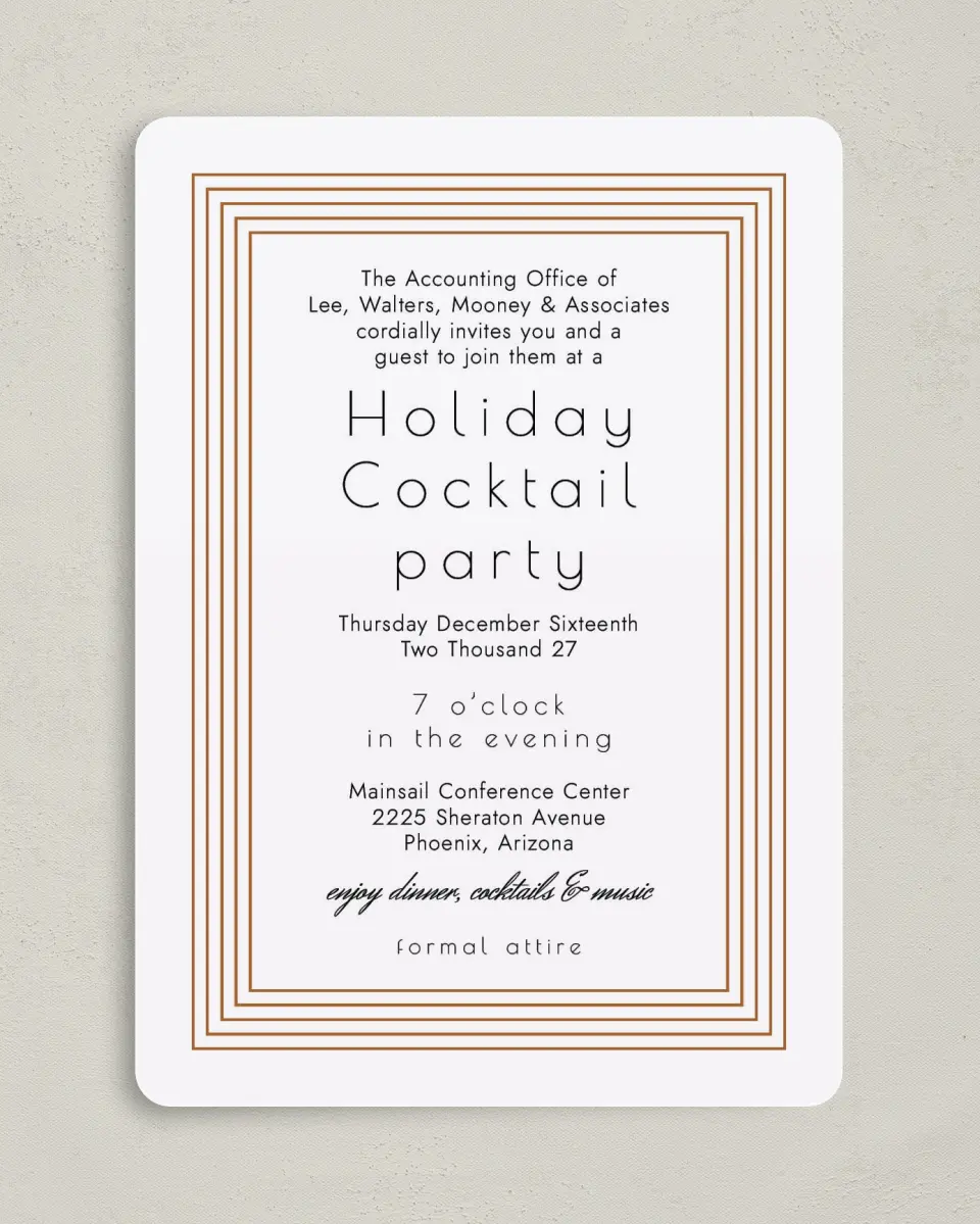 This is a 5" x 7" Rounded Gala Invitation called Elegant Banquet printed in full color on Premium Smooth paper
