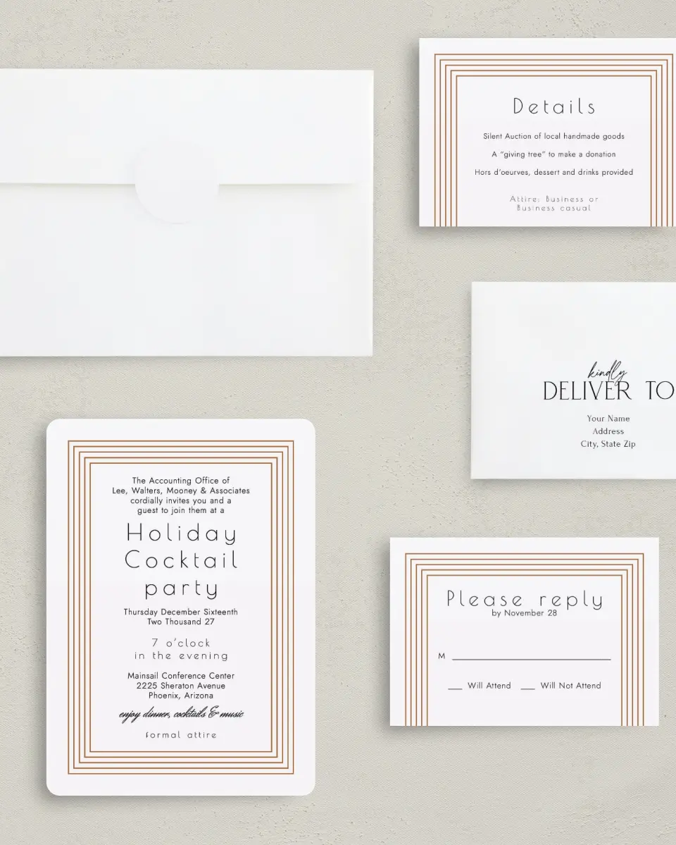 This is a 5" x 7" Rounded Gala Invitation called Elegant Banquet printed in full color with Gold foil on Luxe Satin (coated) paper