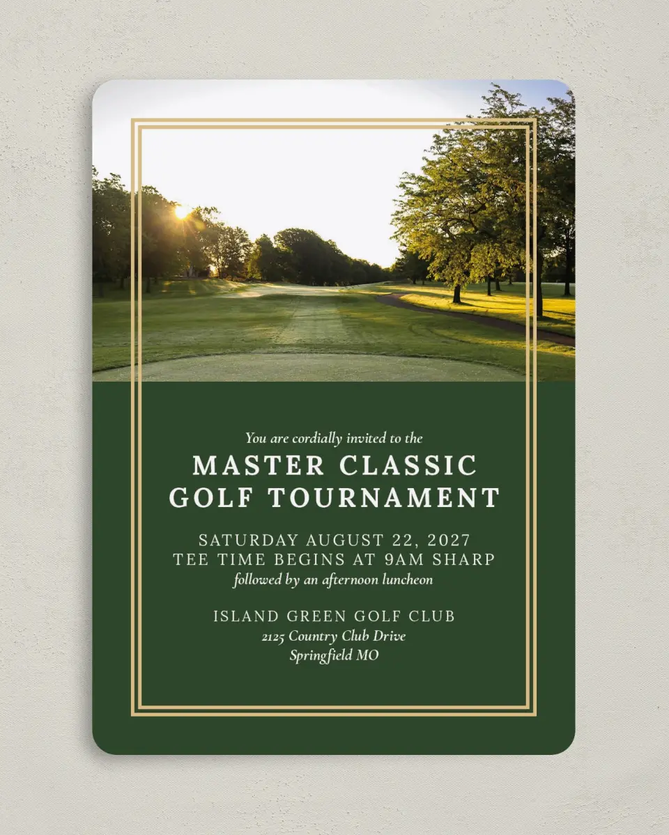 This is a 5" x 7" Rounded Gala Invitation called Classic Tournament printed in full color on Premium Smooth paper