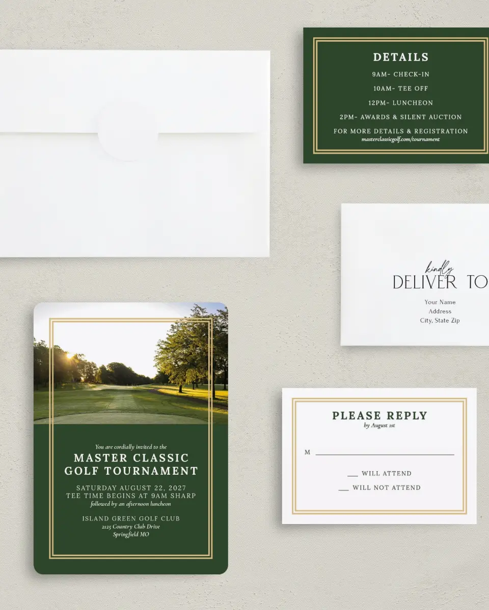 This is a 5" x 7" Rounded Gala Invitation called Classic Tournament printed in full color with Gold foil on Luxe Satin (coated) paper