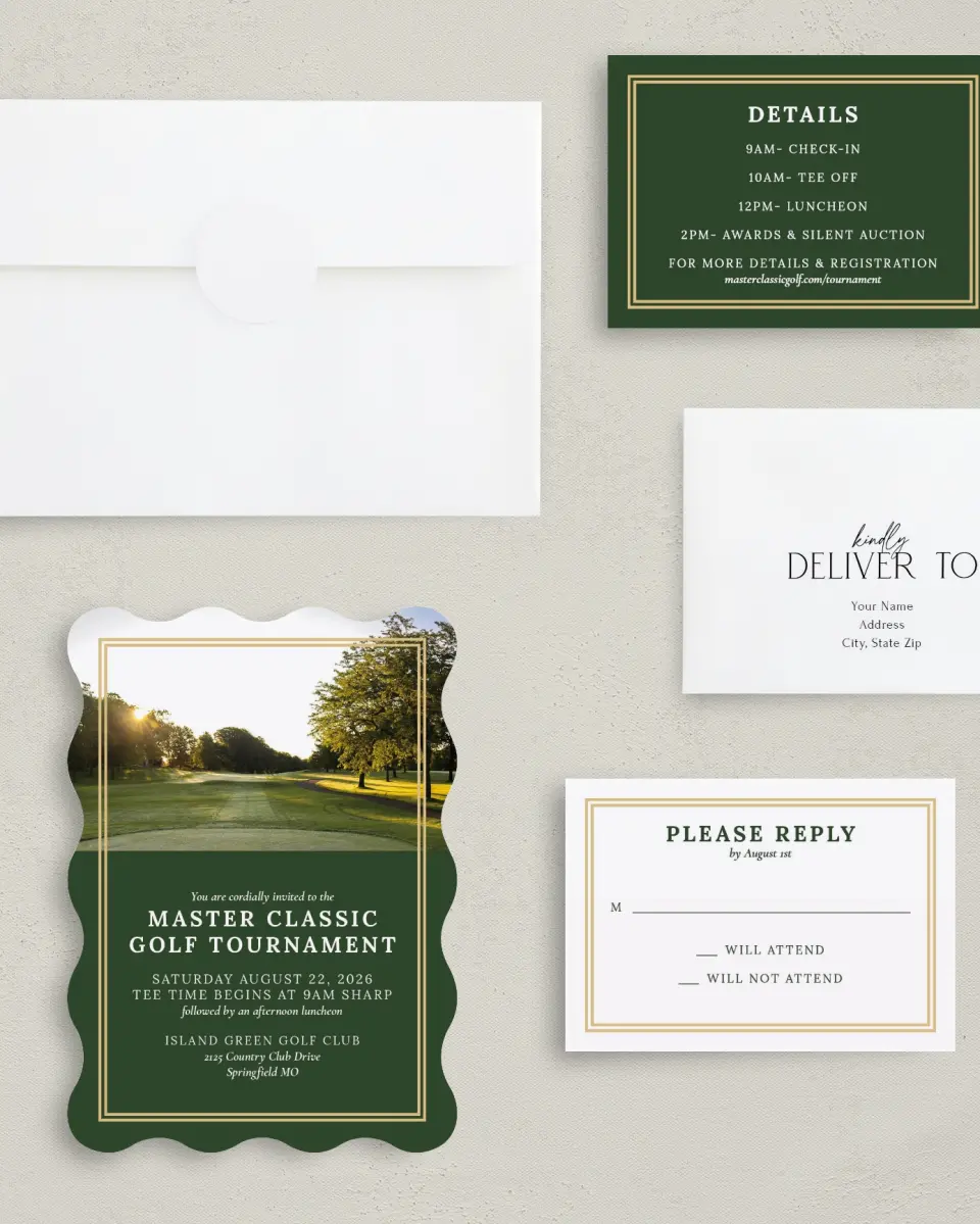 This is a 5" x 7" Wavy Gala Invitation called Classic Tournament printed in full color with Gold foil on Luxe Satin (coated) paper