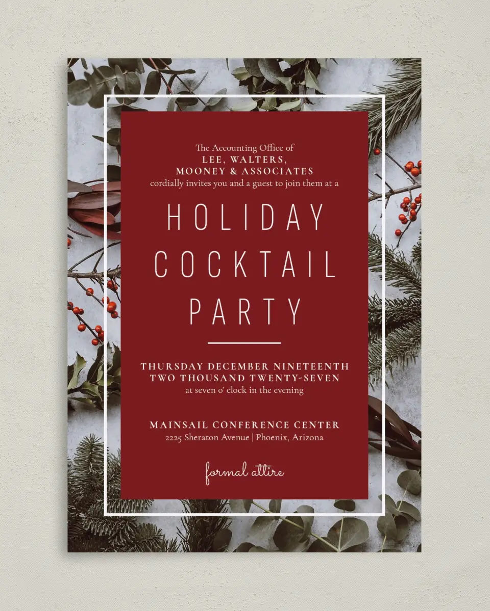 This is a 5" x 7" Rectangle Gala Invitation called Holiday Party printed in full color on Premium Smooth paper