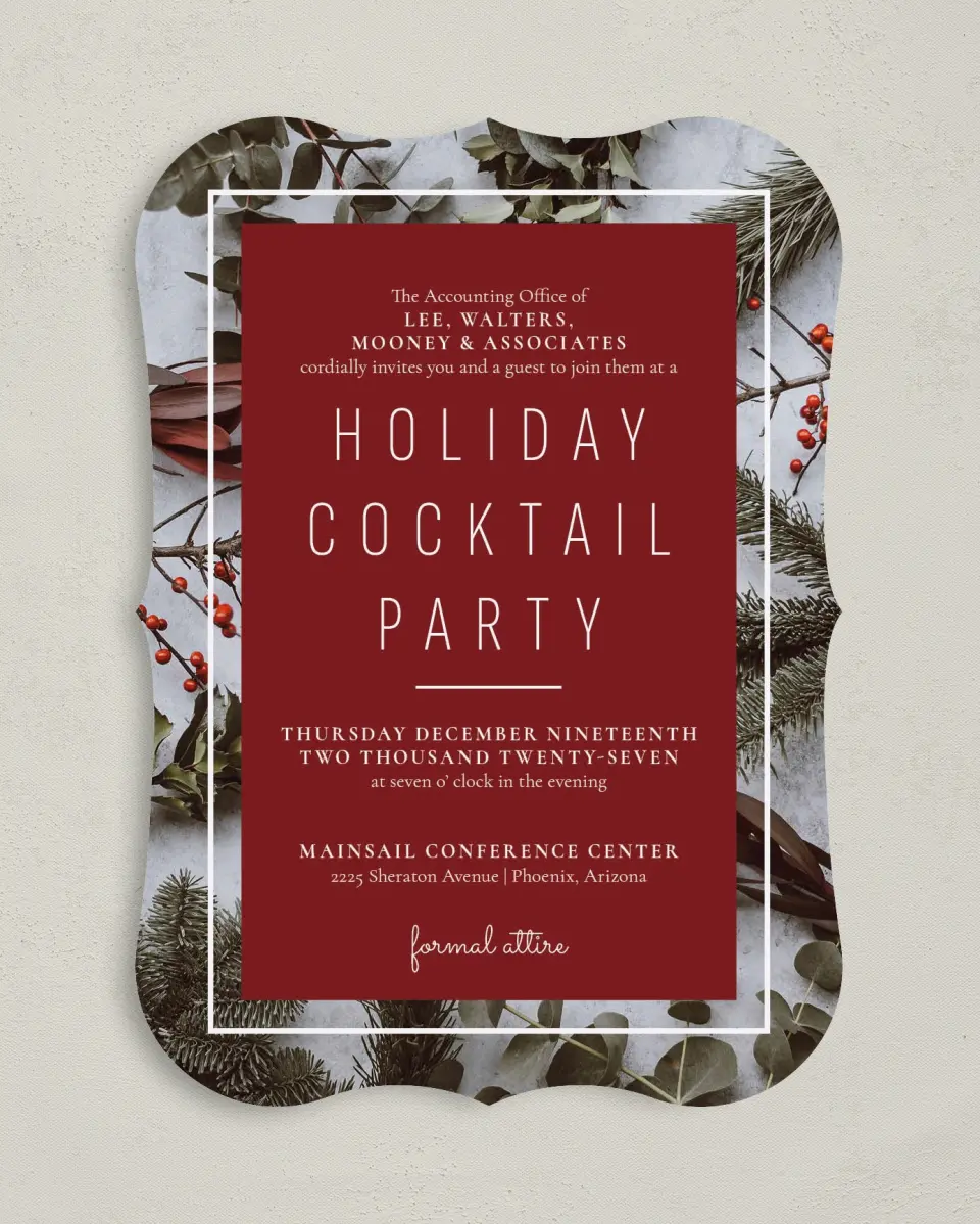 This is a 5" x 7" Bracket Gala Invitation called Holiday Party printed in full color on Premium Smooth paper