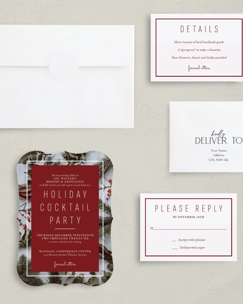 This is a 5" x 7" Bracket Gala Invitation called Holiday Party printed in full color with Gold foil on Luxe Satin (coated) paper