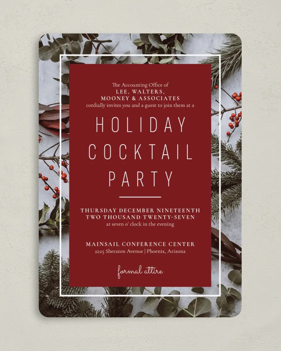 This is a 5" x 7" Rounded Gala Invitation called Holiday Party printed in full color on Premium Smooth paper