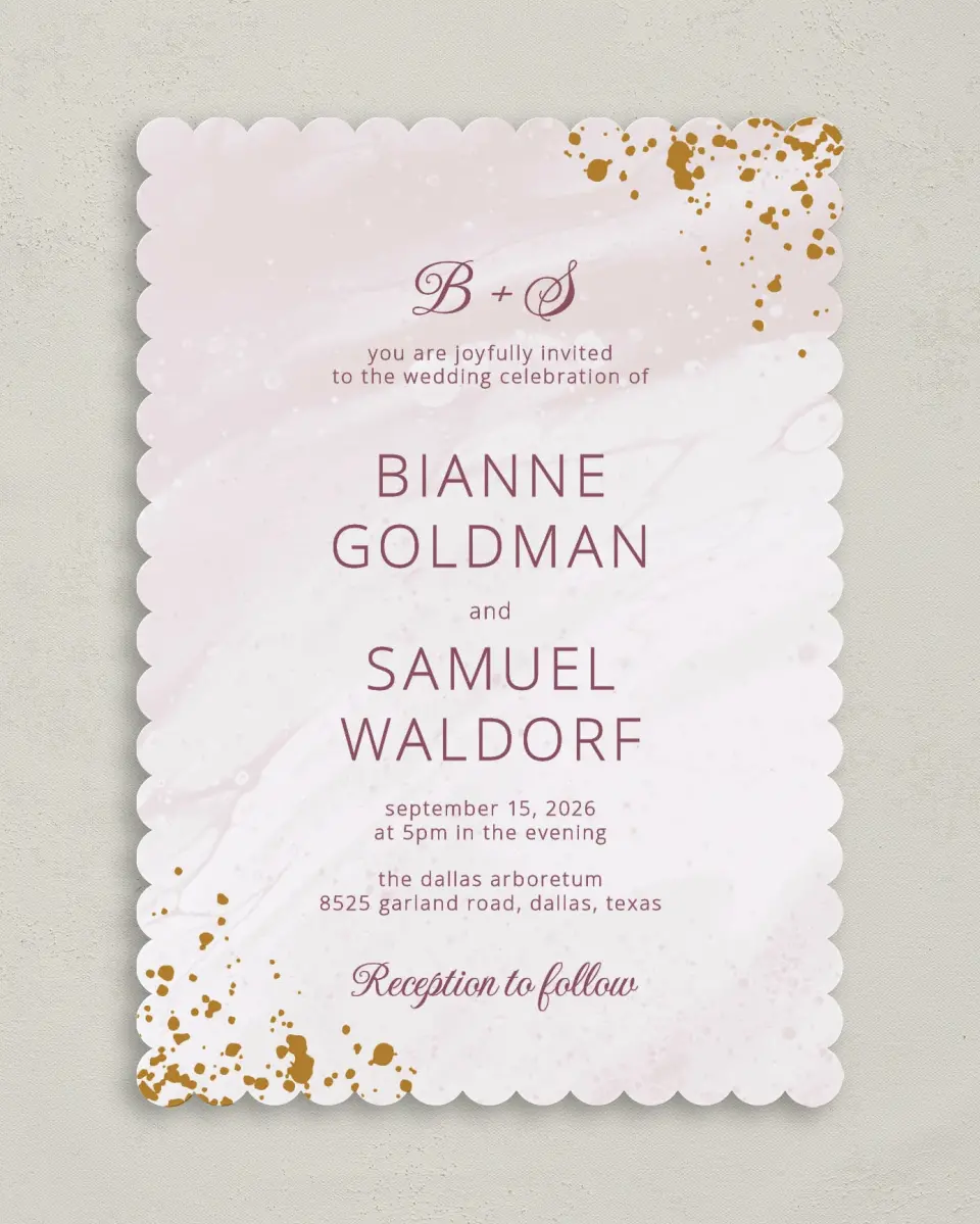 This is a 5" x 7" Classic Wedding Invitation called Tender Mist printed in full color with Gold foil on Luxe Satin (coated) paper