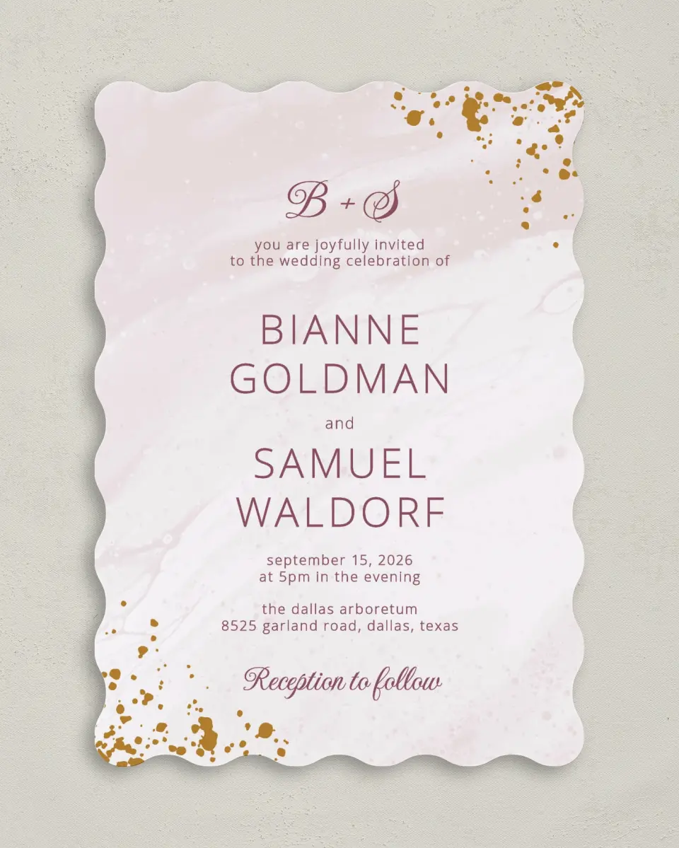 This is a 5" x 7" Wavy Wedding Invitation called Tender Mist printed in full color on Premium Smooth paper