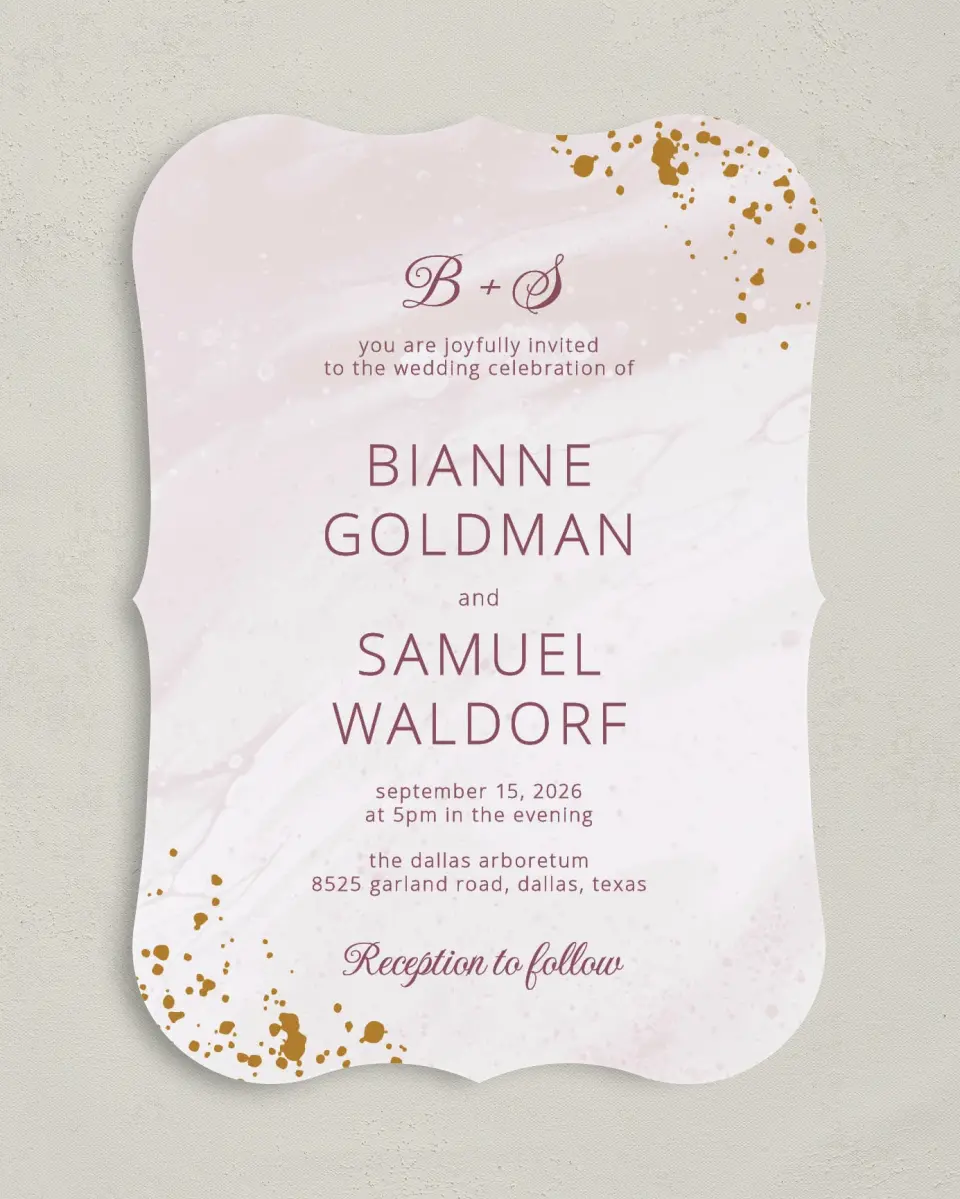 This is a 5" x 7" Bracket Wedding Invitation called Tender Mist printed in full color on Premium Smooth paper