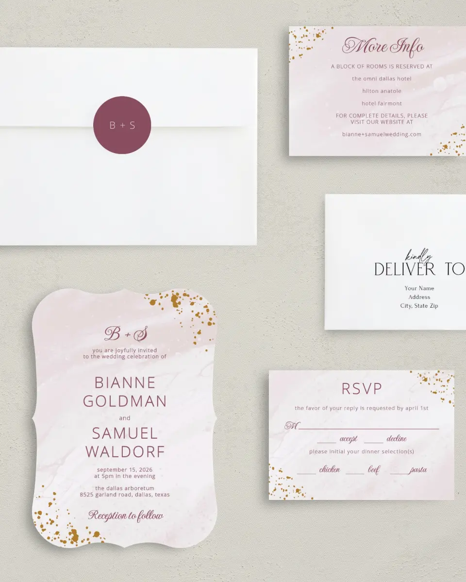This is a 5" x 7" Bracket Wedding Invitation called Tender Mist printed in full color with Silver foil on Luxe Satin (coated) paper