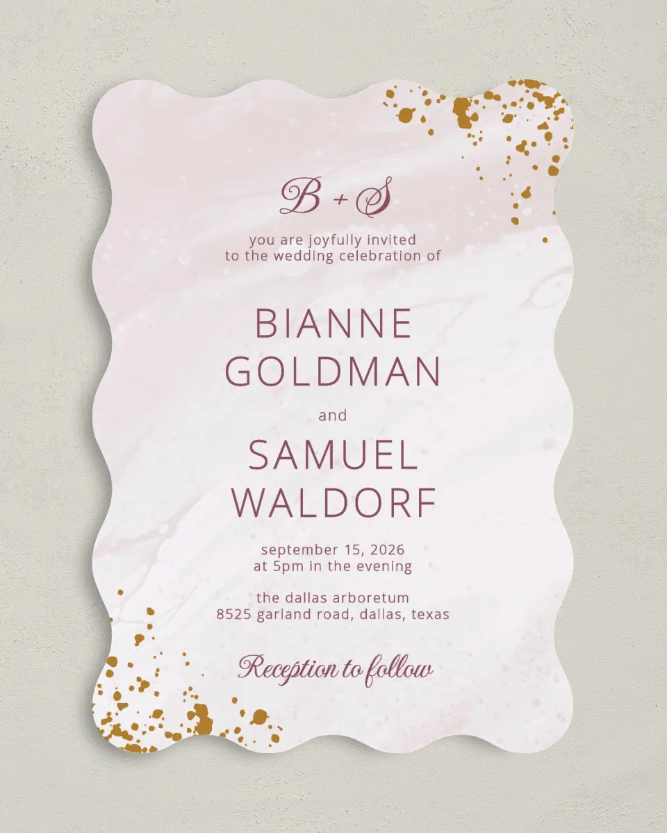 This is a 5" x 7" Wavy Wedding Invitation called Tender Mist printed in full color on Premium Smooth paper