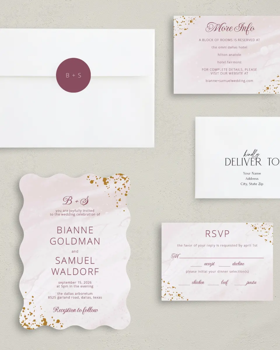 This is a 5" x 7" Wavy Wedding Invitation called Tender Mist printed in full color on Premium Smooth paper