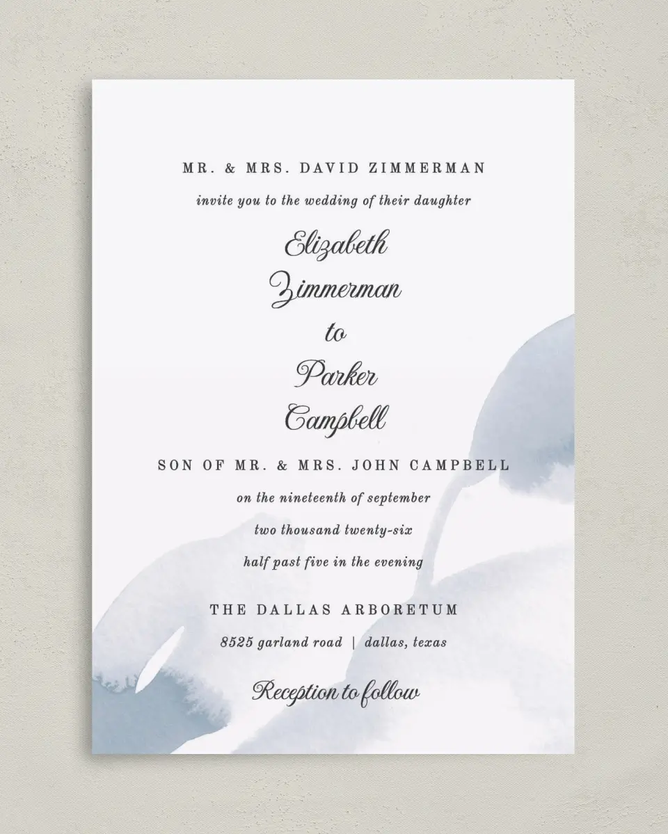 This is a 5" x 7" Classic Wedding Invitation called Painted Majesty printed in full color on Premium Smooth paper