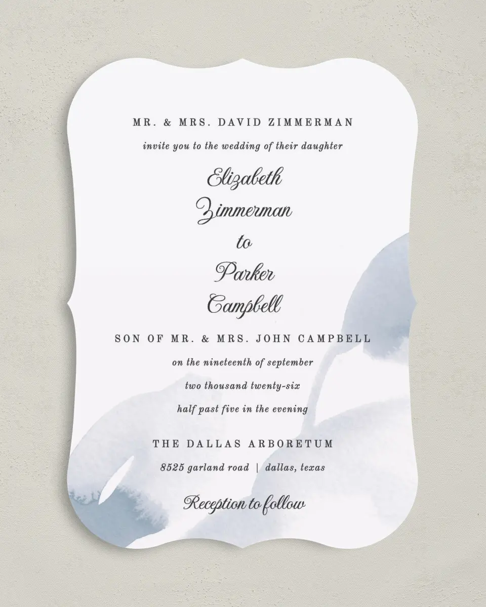 This is a 5" x 7" Bracket Wedding Invitation called Painted Majesty printed in full color on Premium Smooth paper
