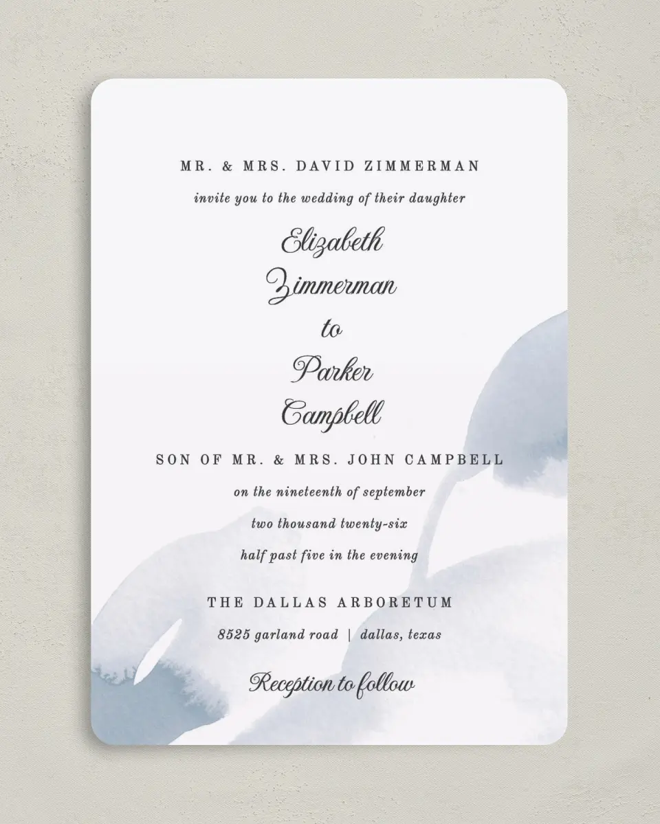 This is a 5" x 7" Rounded Wedding Invitation called Painted Majesty printed in full color on Premium Smooth paper