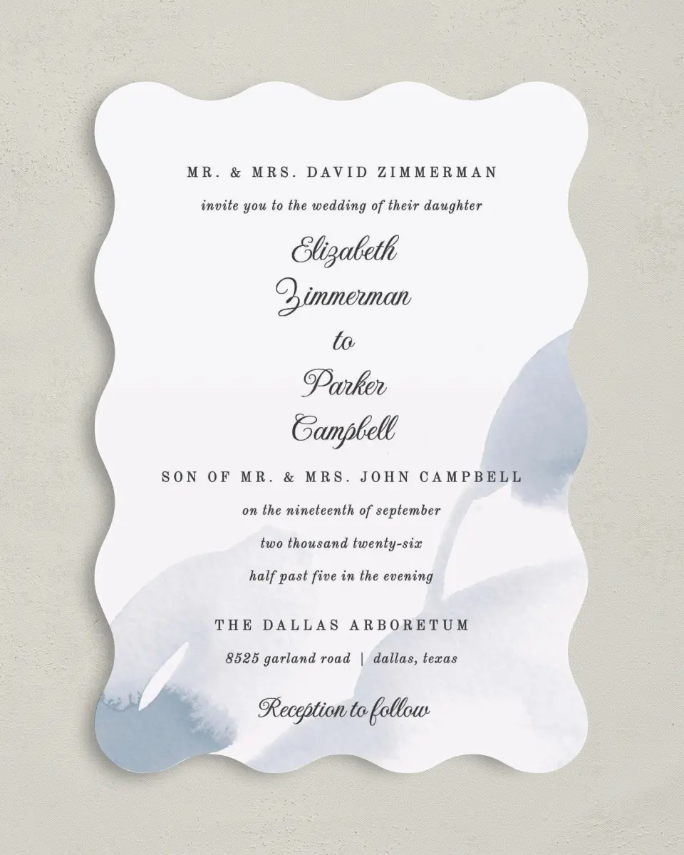 This is a 5" x 7" Wavy Wedding Invitation called Painted Majesty printed in full color with Gold foil on Luxe Satin (coated) paper