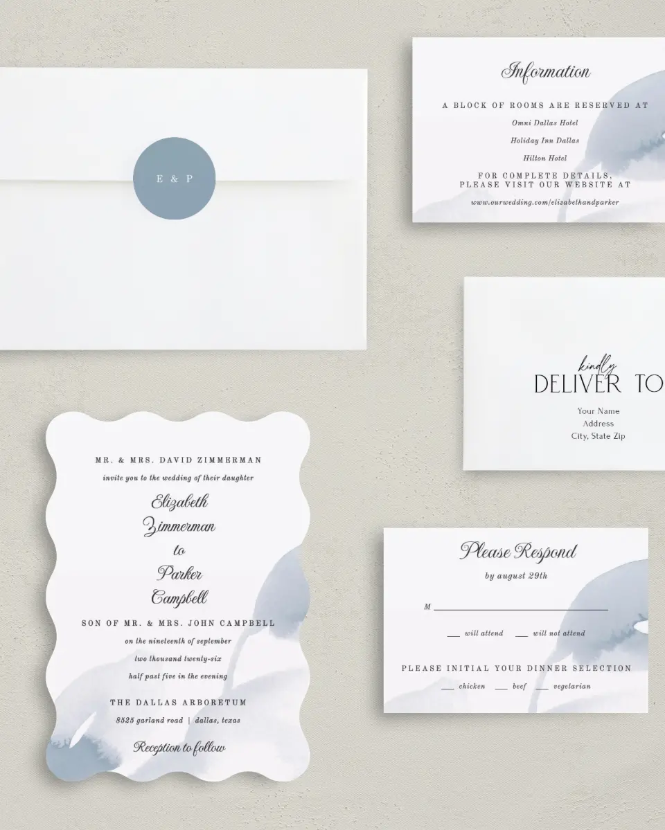 This is a 5" x 7" Wavy Wedding Invitation called Painted Majesty printed in full color with Gold foil on Luxe Satin (coated) paper