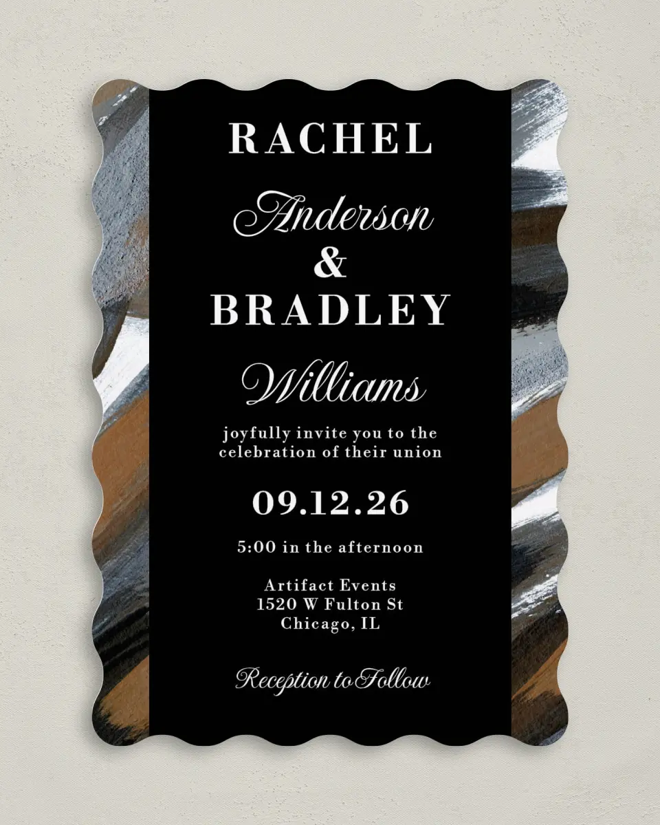 This is a 5" x 7" Wavy Wedding Invitation called Moody Swashes printed in full color on Premium Smooth paper
