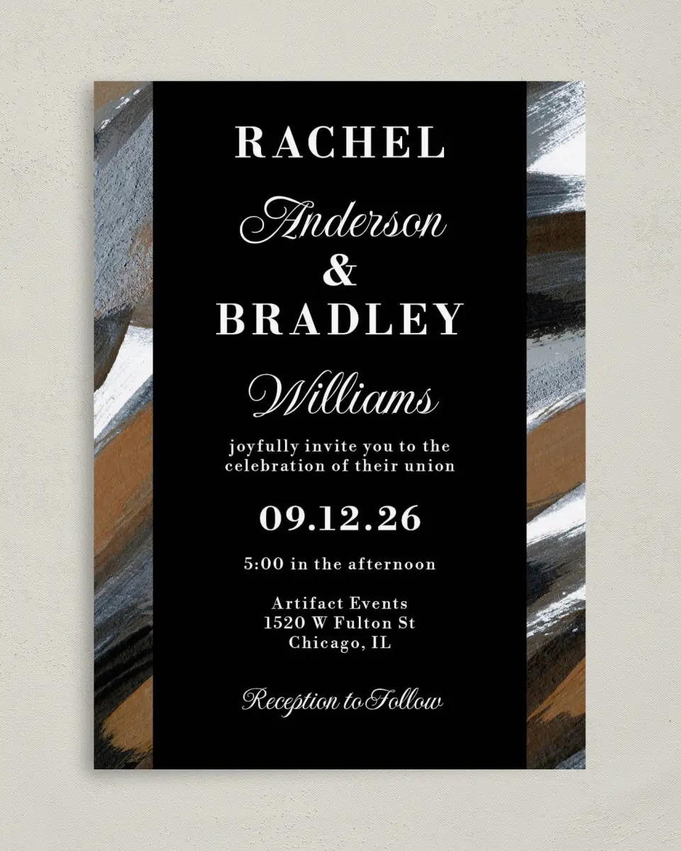 This is a 5" x 7" Classic Wedding Invitation called Moody Swashes printed in full color on Premium Smooth paper
