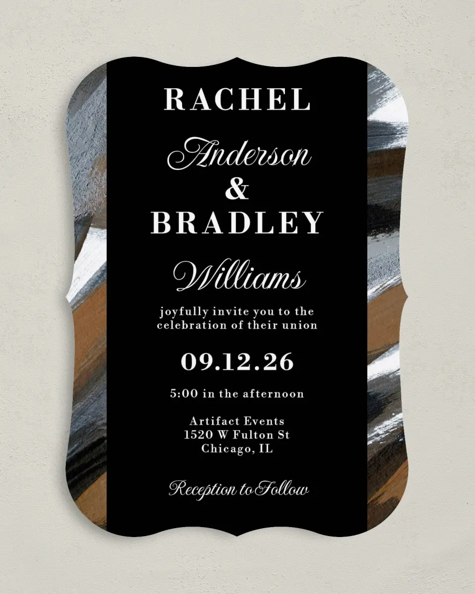 This is a 5" x 7" Bracket Wedding Invitation called Moody Swashes printed in full color on Premium Smooth paper