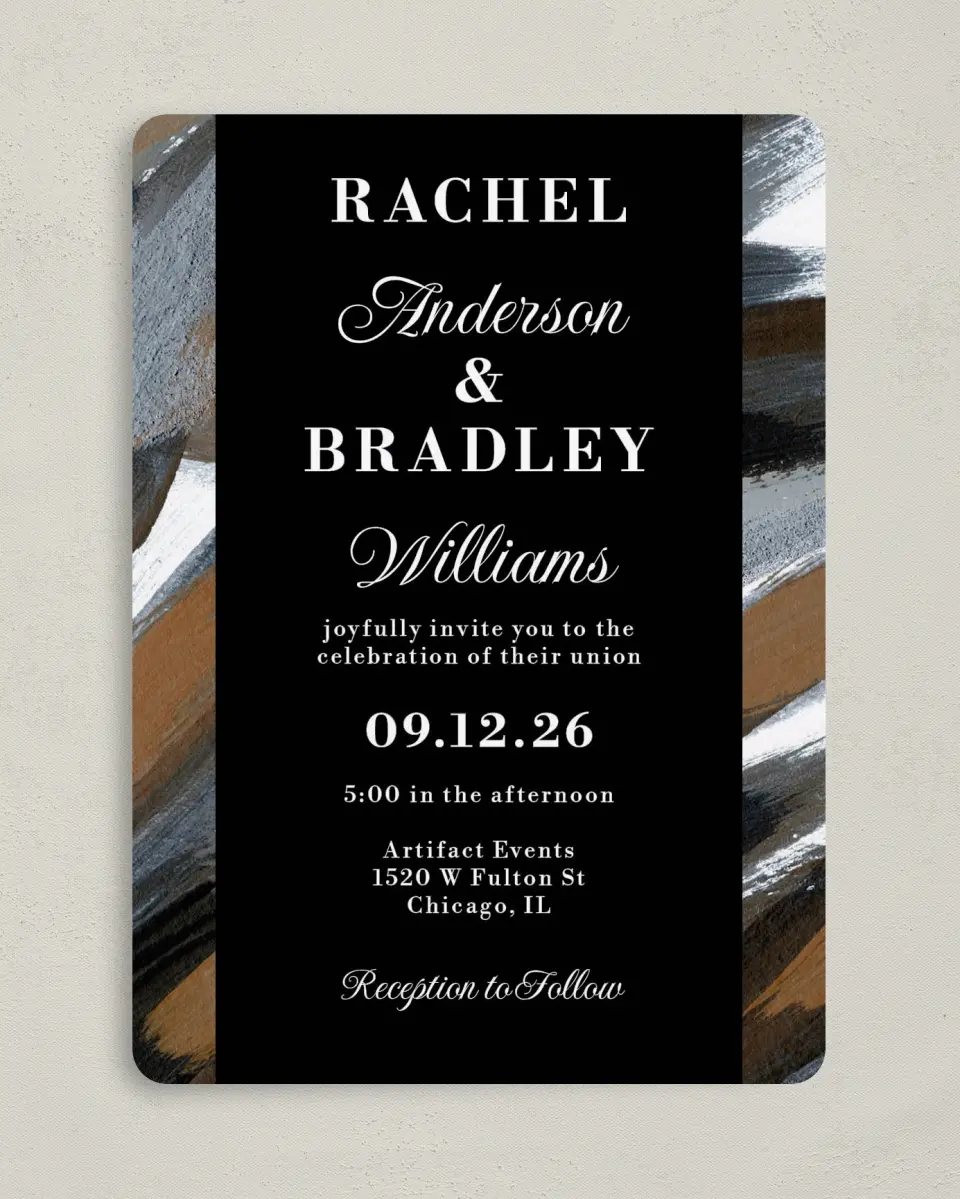 This is a 5" x 7" Rounded Wedding Invitation called Moody Swashes printed in full color on Premium Smooth paper