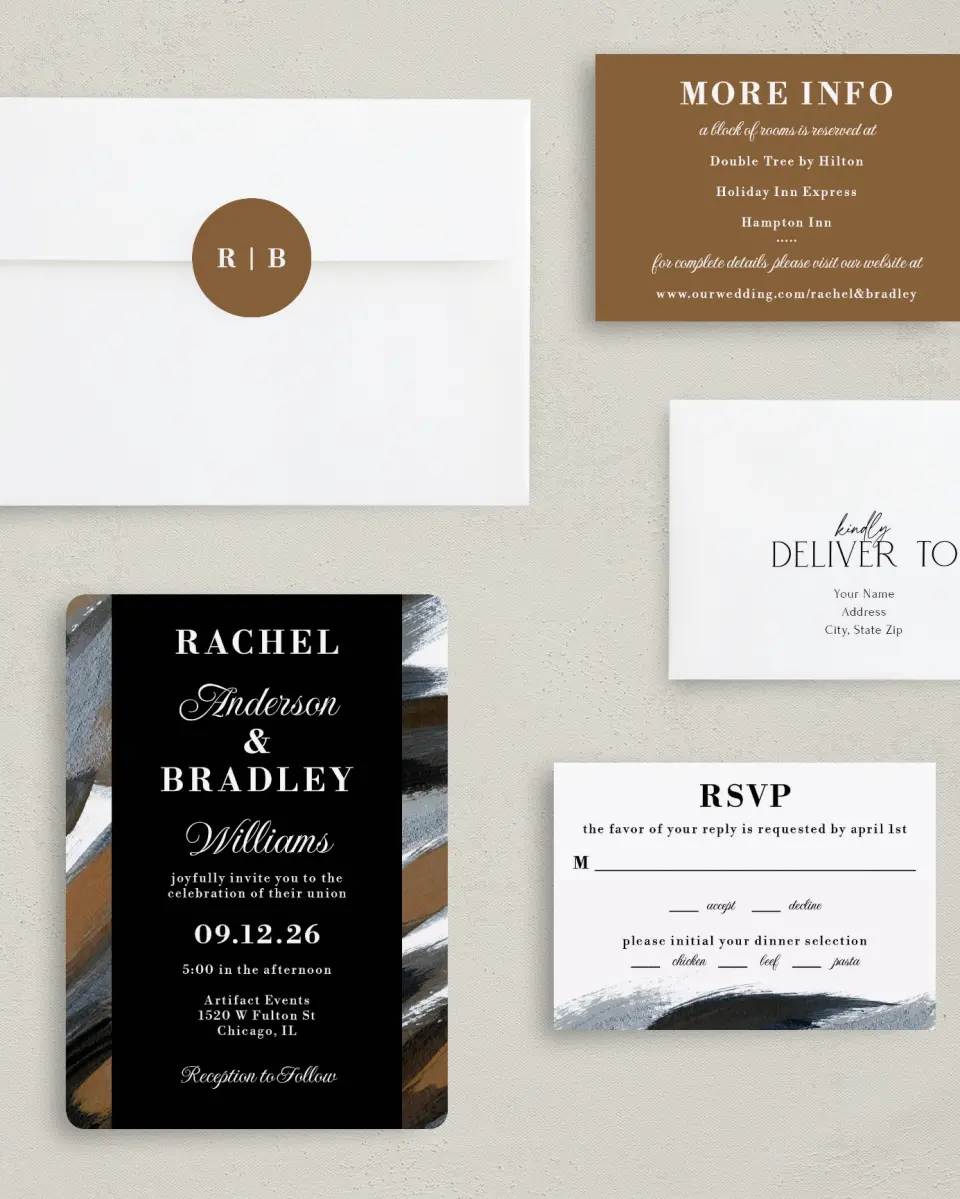 This is a 5" x 7" Rounded Wedding Invitation called Moody Swashes printed in full color with Rose Gold foil on Luxe Satin (coated) paper